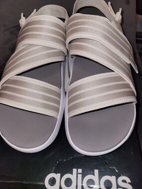 Adidas Striped Elastic Strap Sandals in Beige/White